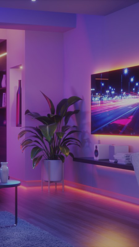 此圖片顯示客廳電視機背後的 Nanoleaf Essentials 燈帶。 變色燈帶帶來了良好的背景光和 RGB 光照。
