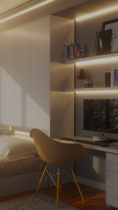 Đây là hình ảnh Đèn nền Nanoleaf Essentials được lắp đặt phía trên bàn làm việc và màn hình máy tính trong phòng ngủ. Đèn dây thông minh được gắn phía dưới kệ tường và đèn nền là lựa chọn hoàn hảo giúp bạn khơi gợi cảm hứng hoặc tăng năng suất khi làm việc.