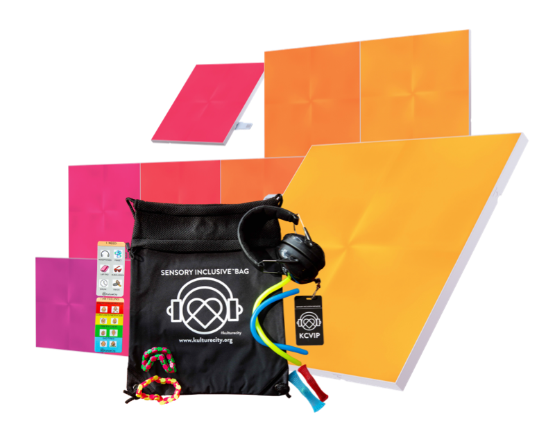 此圖片顯示用於競賽的 Nanoleaf Canvas 正方形智能燈板和 KultureCity's Sensory Inclusive Bag。