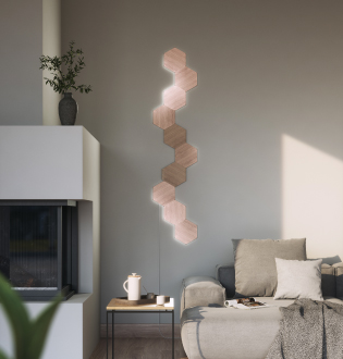 此圖片展示安裝於客廳沙發後方牆壁的 10 塊 Nanoleaf Elements。 這些模組化燈板是度身訂造的產品，其設計為用連接片一併連接。 智能燈板是客廳燈的完美選擇，可讓您的空間保持新鮮且令人眼前一亮。