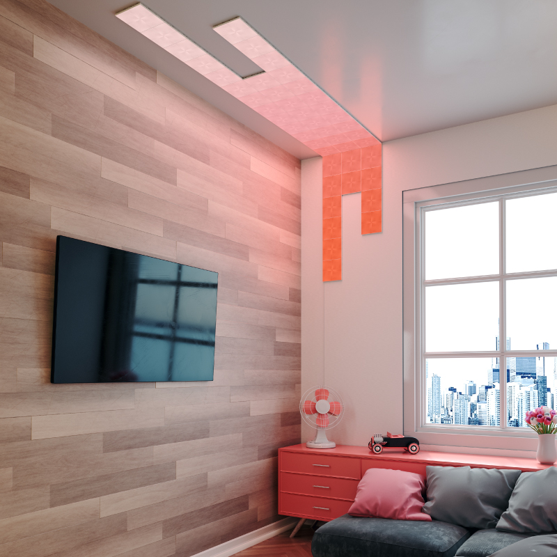 Nanoleaf Canvas color-changing square smart modular light panels mounted to a wall and ceiling using a screw mount kit. Similar to Philips Hue, Lifx. HomeKit, Google Assistant, Amazon Alexa, IFTTT.
