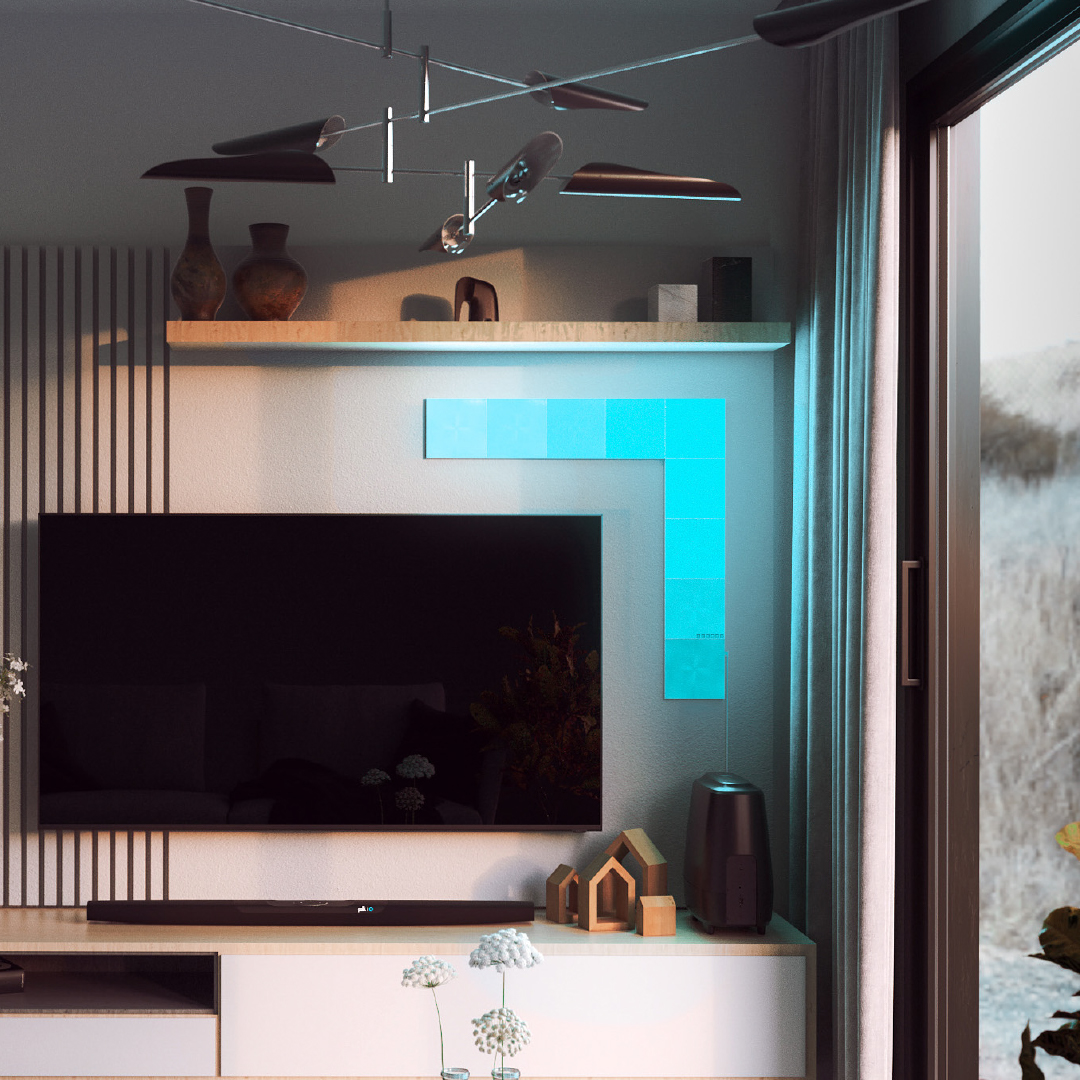 Ô đèn thông minh dạng mô-đun hình vuông có thể thay đổi màu sắc Nanoleaf Canvas được gắn lên tường trong phòng khách. Tương tự với Philips Hue, Lifx. HomeKit, Google Assistant, Amazon Alexa, IFTTT. 