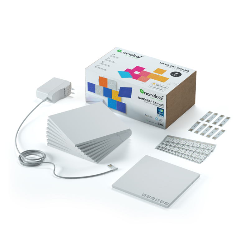 Nanoleaf Canvas color changing square smart modular light panels. 9 pack. Has expansion packs and flex linker accessories. Similar to Philips Hue, Lifx. HomeKit, Google Assistant, Amazon Alexa, IFTTT.