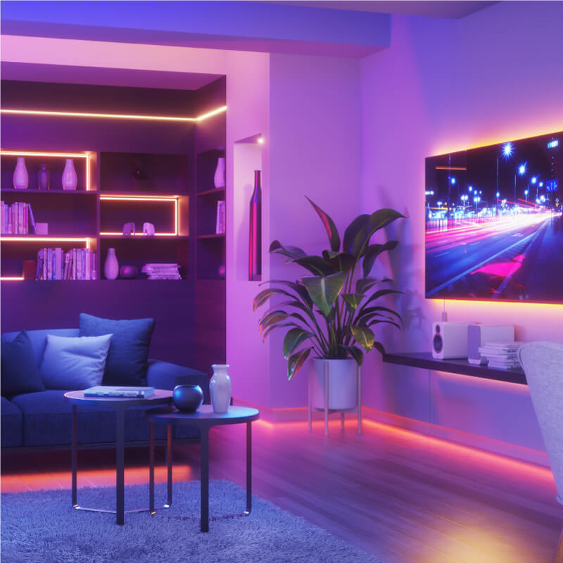 Lampu strip pintar yang dapat berubah warna dengan Thread Nanoleaf Essentials yang dipasang pada dinding di ruang tamu. Mirip dengan Twinkly, Wyze. HomeKit, Google Assistant, Amazon Alexa, IFTTT.