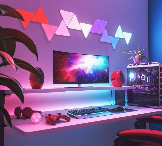 在書桌和顯示器上方安裝 Nanoleaf Lines RGB 燈具的辦公室臥室佈置。 專為您的 PC 戰鬥遊戲而設的完美遊戲燈光。