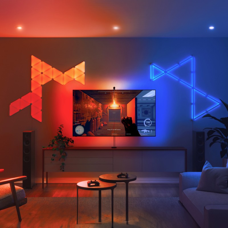 Home cinema, living room with colored LED lighting - Smart home. AI Stock  Illustration