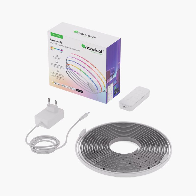 Nanoleaf Smart Multicolored Outdoor String Lights product box with a white background. Beside it, the product is partially displayed, featuring a black cord, two LED bulbs, the outdoor string lights controller, and the power supply unit.