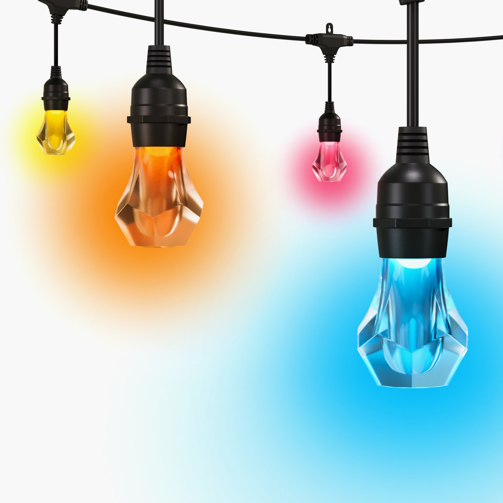 Close up of outdoor string lights LED bulbs on a white background showcasing multiple colors.